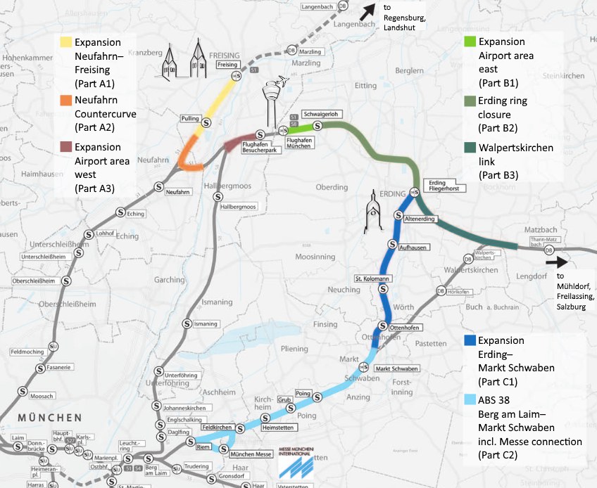 Ein detaillierter Stadtplan mit einer hervorgehobenen Bahnroute von München nach Frankfurt, einschließlich Haltestellen und Umgebung, mit zusätzlichem Bahntext.