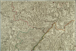 Eine alte Karte der Rheinland-Pfalz-Region in Frankreich, die den Rheinfluss zeigt, mit Text oben und unten auf dem Papier.