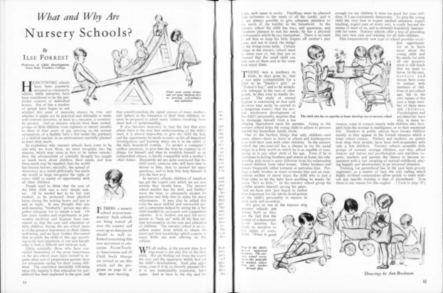 Offenes Buch mit Illustrationen von Kindern, die in einer Kita spielen, begleitet von Text und einer Objektliste.