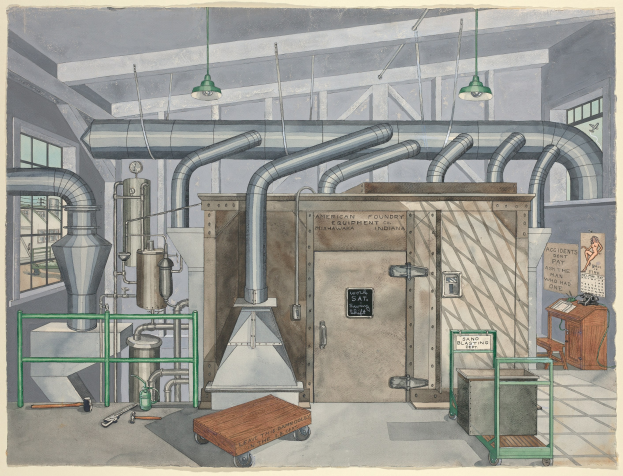 Ein detailliertes industrielles Zeichnung eines Fabrikinneren mit Maschinen, Rohren, Möbeln und einer Tafel mit der Aufschrift "American Foundry Equipment Co, Indiana".