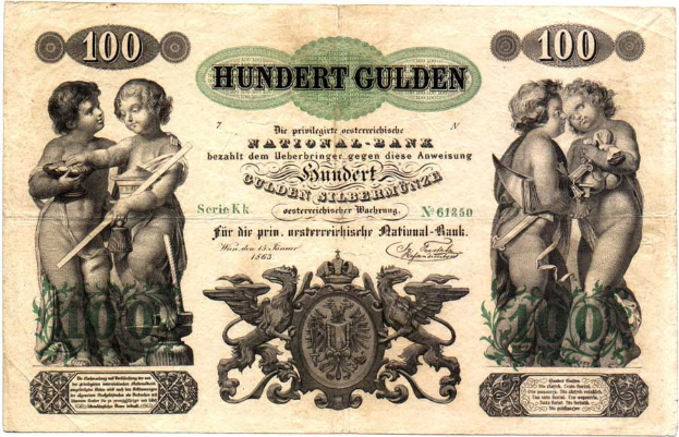 Alte deutsche Banknote mit zwei Kindern, bedruckt mit Zahlen, Text und einem Logo auf weißem Papier.