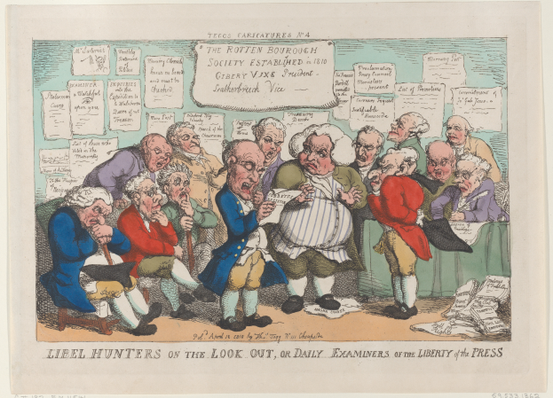 Eine Karikatur von Menschen, die um einen Tisch sitzen und Papiere halten, betitelt mit "Libel Hunters on the Look Out, or Daily Examiners of the Liberty of the Press".