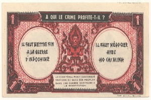Eine alte französische Banknote mit einem ernst aussehenden Mann in einem Anzug, auf der der Text "A qui le crime profite-il?" steht und ein weißer Hintergrund mit einem schwarzen Rand.