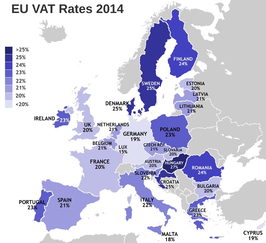 Eine Karte von Europa, die die EU-Mehrwertsteuersätze von 2014 als Prozentangaben mit entsprechenden Texten anzeigt.