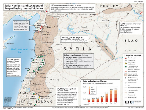 Plakat mit einer Karte von Syrien mit Daten zu Binnenflüchtlingen aufgrund von Gewalt, begleitet von erklärendem Text und Graphiken.