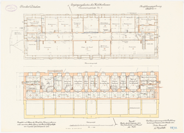 Schwarz-weißer Architekturentwurf eines großen Gebäudes mit zahlreichen Zimmern, beschriftet auf Deutsch, zeigt den ursprünglichen Entwurf des Dresdner Stadtplatzes.