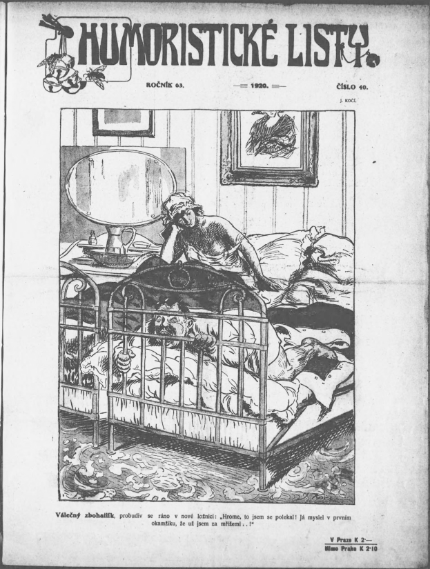 Schwarzer und weißer Zeichnung einer Person, die auf einem Bett liegt, mit einem Spiegel auf einem Tisch und einem Rahmen an der Wand, begleitet von Text, der 'humoristicke list - czechoslovakia - april 20, 1920' oben und unten liest.