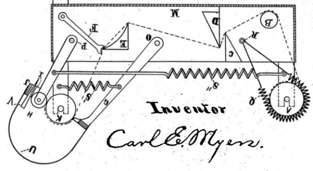 Schwarze und weiße Linienzeichnung einer Windturbine mit einem Uhrwerk, beschriftet als Erfindung von Carl E. Meyer.