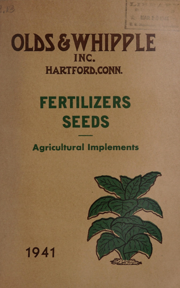 Altes Buchcover aus dem Jahr 1941 mit einer Illustration eines üppigen grünen Pflanzenmotivs und Text über Düngemittel, Samen und landwirtschaftliche Geräte.