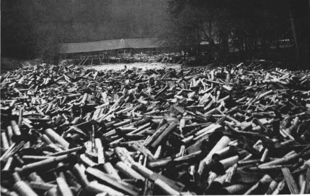 Ein Schwarz-Weiß-Foto zeigt einen großen Haufen Kugeln im Vordergrund, im Hintergrund ein Schuppen und Bäume, und den Text "Zweiter Weltkrieg" unten.