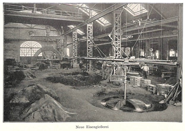 Schwarzes und weißes Foto einer Fabrik mit Arbeitern, die Maschinen bedienen, umgeben von Metallstangen und -pfählen, beschriftet mit "Neue Eisenglebeerei, die erste Fabrik in Deutschland".