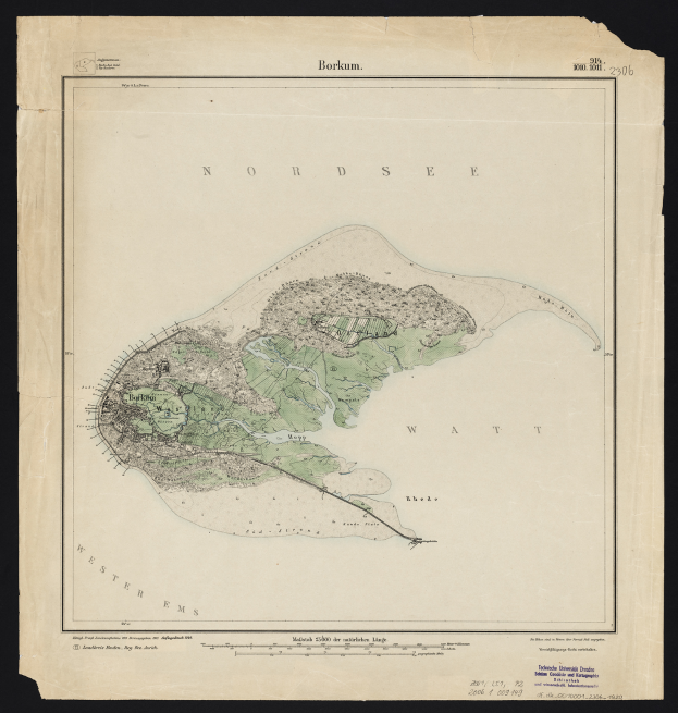 Eine alte Karte der Insel Nordsee auf schwarzem Hintergrund, die die Küste, Inseln und andere geografische Merkmale mit begleitendem Text zeigt.
