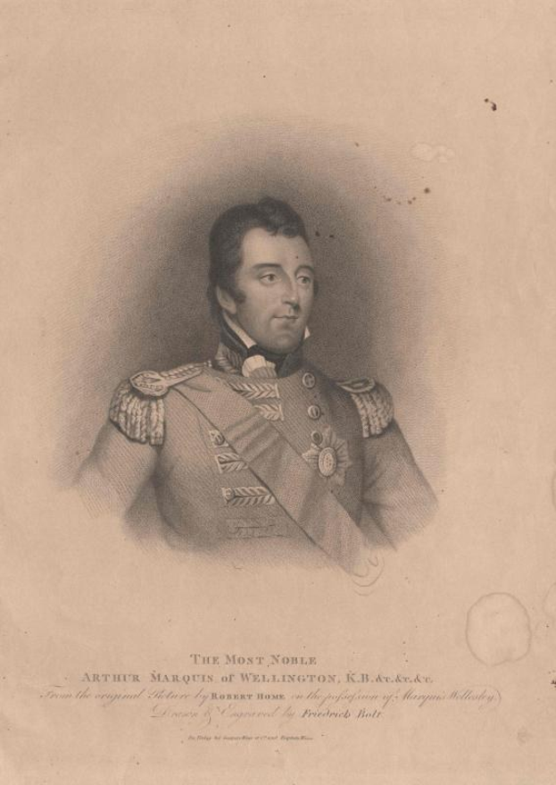 Portrait von Arthur, Marquis of Wellington in militärischer Uniform mit Schirmmütze, strenger Miene und direktem Blick.