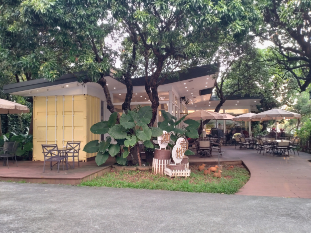 Outdoor-Café mit Tischen, Stühlen und Sonnenschirmen in einem Parksetting, umgeben von Bäumen und Pflanzen, mit einer Straße und einem Gebäude im Hintergrund.