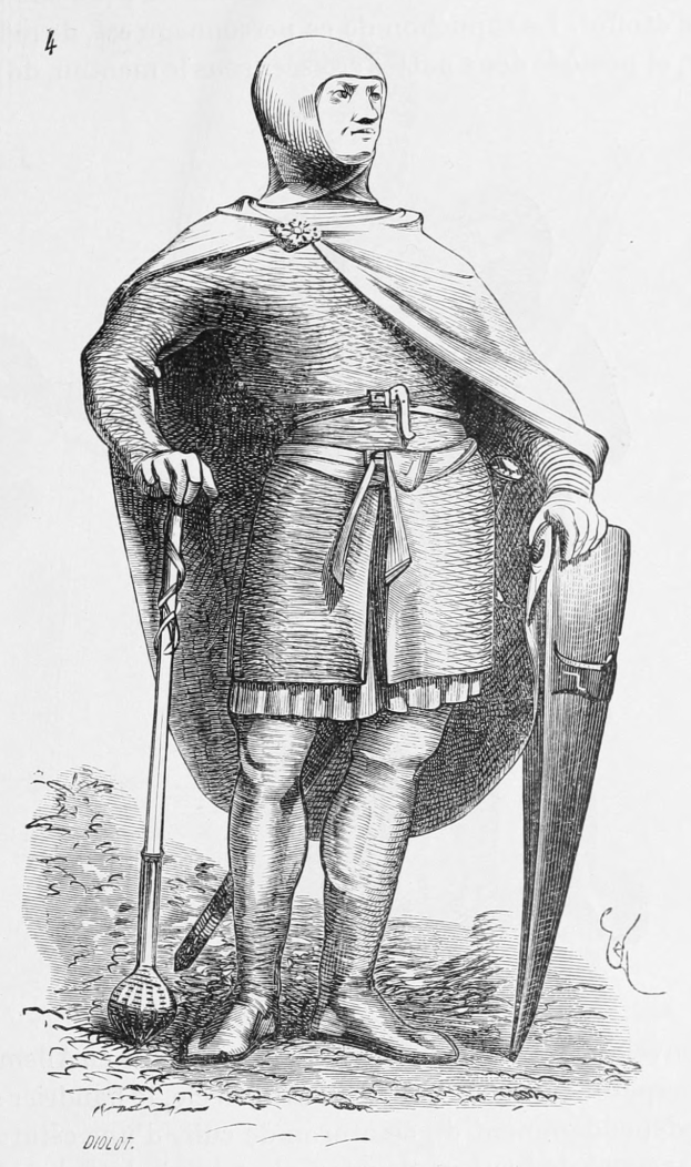 Ein Mann in mittelalterlicher Rüstung, der eine Waffe und einen Schild hält, posiert heroisch, mit detaillierten Gesichtsmerkmalen und einer starken, stolzen Haltung.