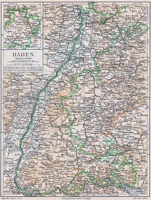 Detailreiches altes Kartenbild von Baden-Württemberg, Deutschland, mit Straßen, Städten und geografischen Merkmalen, mit Text oben und unten.