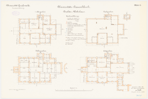 Ein detaillierter Grundrissplan der Frauenkirche der Universität Frankfurt, der mehrere Räume zeigt und von begleitendem Text umgeben ist.