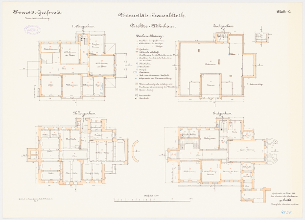 Ein detaillierter Grundrissplan der Frauenkirche der Universität Frankfurt, der mehrere Räume zeigt und von begleitendem Text umgeben ist.