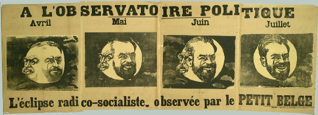 Plakatankündigung für ein politisches Ereignis namens 'L'Éclipse Radio Co-Socialiste', beobachtet von 'Le Petit Belge', mit Abbildungen von Menschen und Text.