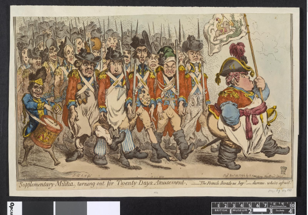 Gruppe von Männern in Militäruniformen marschiert auf einer Straße, einer hält einen Stock in der Hand, mit dem Text 'Ergänzender Landsturm, zum 20-tägigen Vergnügen antretend' am unteren Rand.