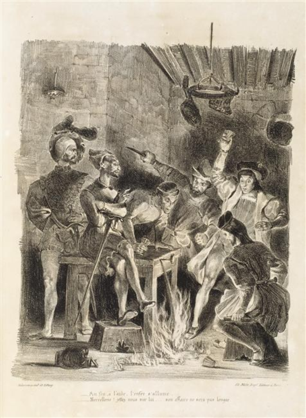 Schwarze und weiße Radierung von Menschen, die sich um ein Feuer mit einer Wand im Hintergrund versammeln, einige liegen auf dem Boden und andere stehen, mit der Unterschrift "Der Tod des Königs von England" unten.