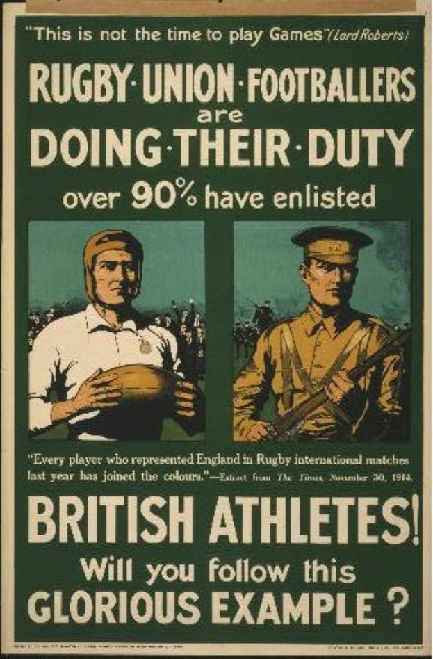 Plakat mit zwei Rugbyspielern in Uniform mit Text über britische Athleten, die sich verpflichten und ihre Pflichten haben.