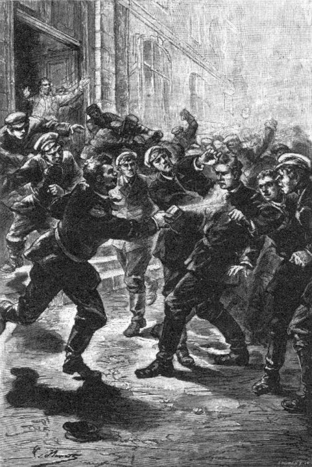 Schwarze und weiße Illustration einer gewalttätigen Straßenunruhen unter einer Gruppe von Männern, mit einem Gebäude im Hintergrund und der Unterschrift "Victorian riots in London, England" unten.