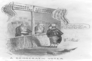 Ein Mann im Anzug steht selbstbewusst vor einer Tür, die mit "Ein demokratischer Wähler" beschriftet ist und bereit zum Eintreten.