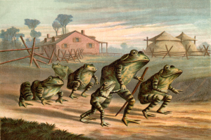 Eine Gruppe von Fröschen, die über eine Schotterstraße gehen, einer hält einen Stock, mit Hütten, einem Haus, Bäumen und einem Himmel im Hintergrund und Gras unten.