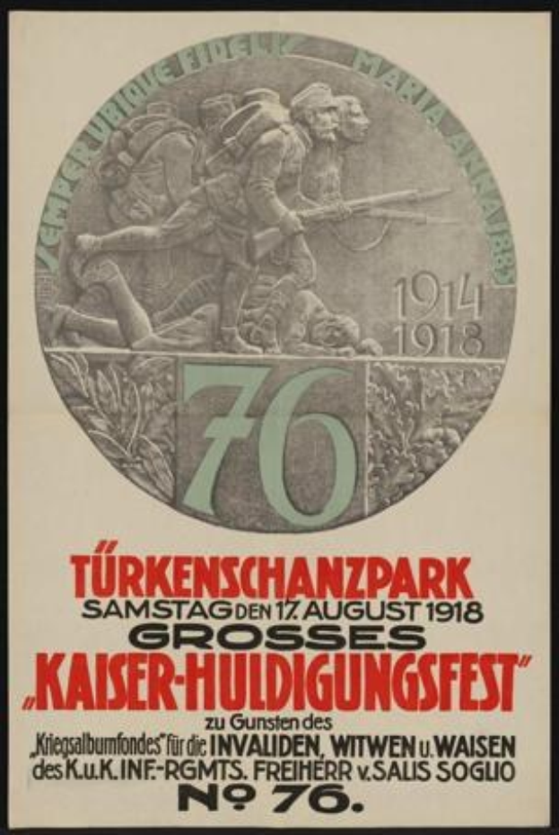 Plakat zum 70. Jubiläum des Kaiser-Huldigungsfestes in Berlin, Deutschland, das eine Gruppe von Menschen umgeben von Text und Zahlen zeigt, die in einem klassischen Foto Rahmen eingefasst ist.