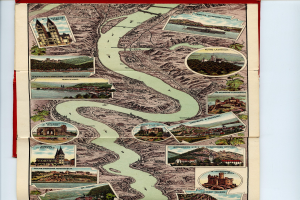 Alte Karte des Rheins in Deutschland in einem klassischen Foto Rahmen umgeben von Illustrationen von Gebäuden, Bäumen und Wasser.