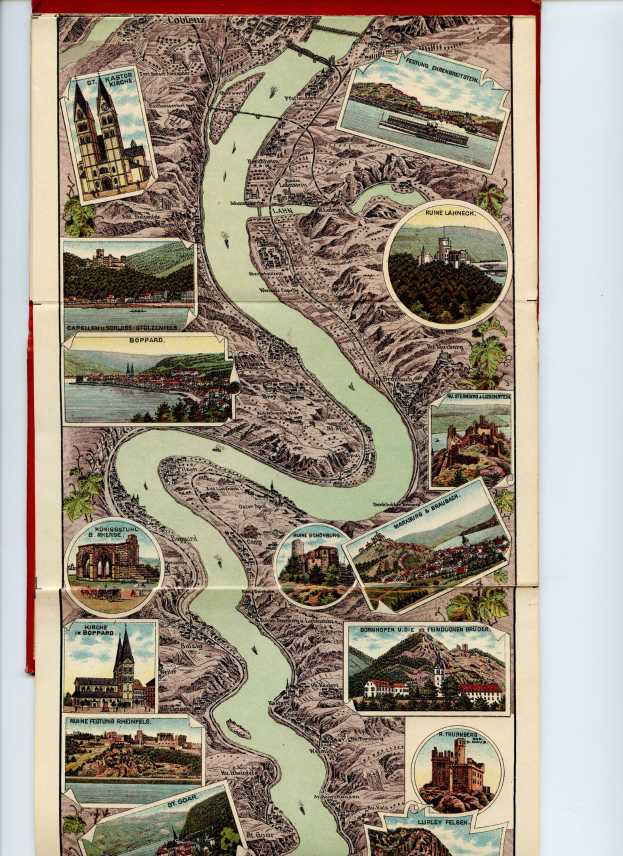 Alte Karte des Rheins in Deutschland in einem klassischen Foto Rahmen umgeben von Illustrationen von Gebäuden, Bäumen und Wasser.