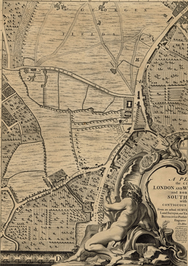 Ein detailliertes Plakat mit einer Karte von London und der Umgebung mit einer zentralen Skulptur einer Person.