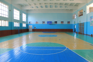 Großer Sportraum mit blau-weißem Boden, einem Basketballfeld, einem Netz mit Stangen, einer Tür, Fenstern, Wandplakaten, einem Geländer und einem Dach.