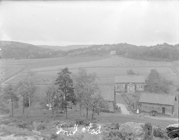 Ein Schwarz-Weiß-Foto einer Farm in einem Feld, umgeben von Bäumen, Häusern und Hügeln unter einem klaren Himmel, mit dem Text "Vereiste Farm in den Cotswolds" unten.