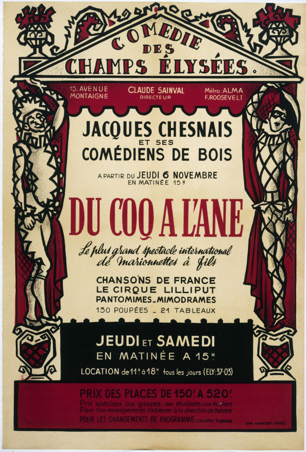 Plakatankündigung für eine Comedy-Show auf den Champs-Élysées in Paris mit Text und Bildern.