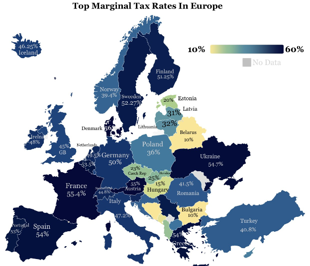 Eine Europa-Karte mit Farben, die die Spitzensätze der Einkommensteuer pro Land anzeigen und den Titel "Spitzensätze der Einkommensteuer in Europa" oben.