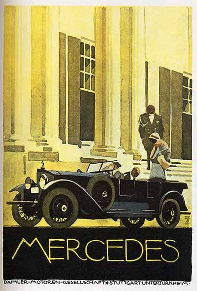 Vintage-Plakat aus den 1920er-Jahren von Mercedes-Benz mit einem klassischen Auto mit zwei Personen vor einem modernen Gl├Ąserturm, mit 'Mercedes-Benz'-Text unten.