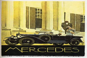 Vintage-Plakat aus den 1920er-Jahren von Mercedes-Benz mit einem klassischen Auto mit zwei Personen vor einem modernen Gl├Ąserturm, mit 'Mercedes-Benz'-Text unten.
