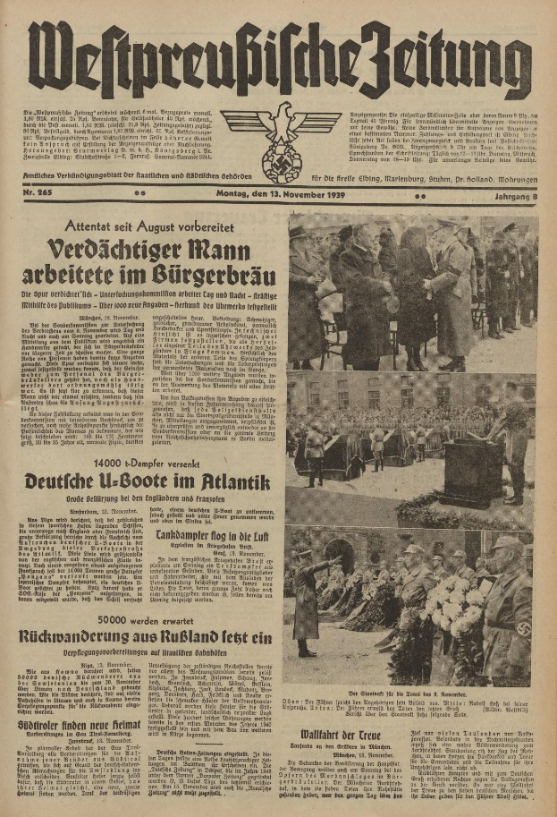 Schwarze-auf-Weiß-Titelseite einer deutschen Zeitung vom 13. November 1939 mit der Überschrift 'Weitpreubliche Zeitung', die eine Gruppe von Menschen in traditioneller deutscher Tracht in einer feierlichen Umgebung zeigt.