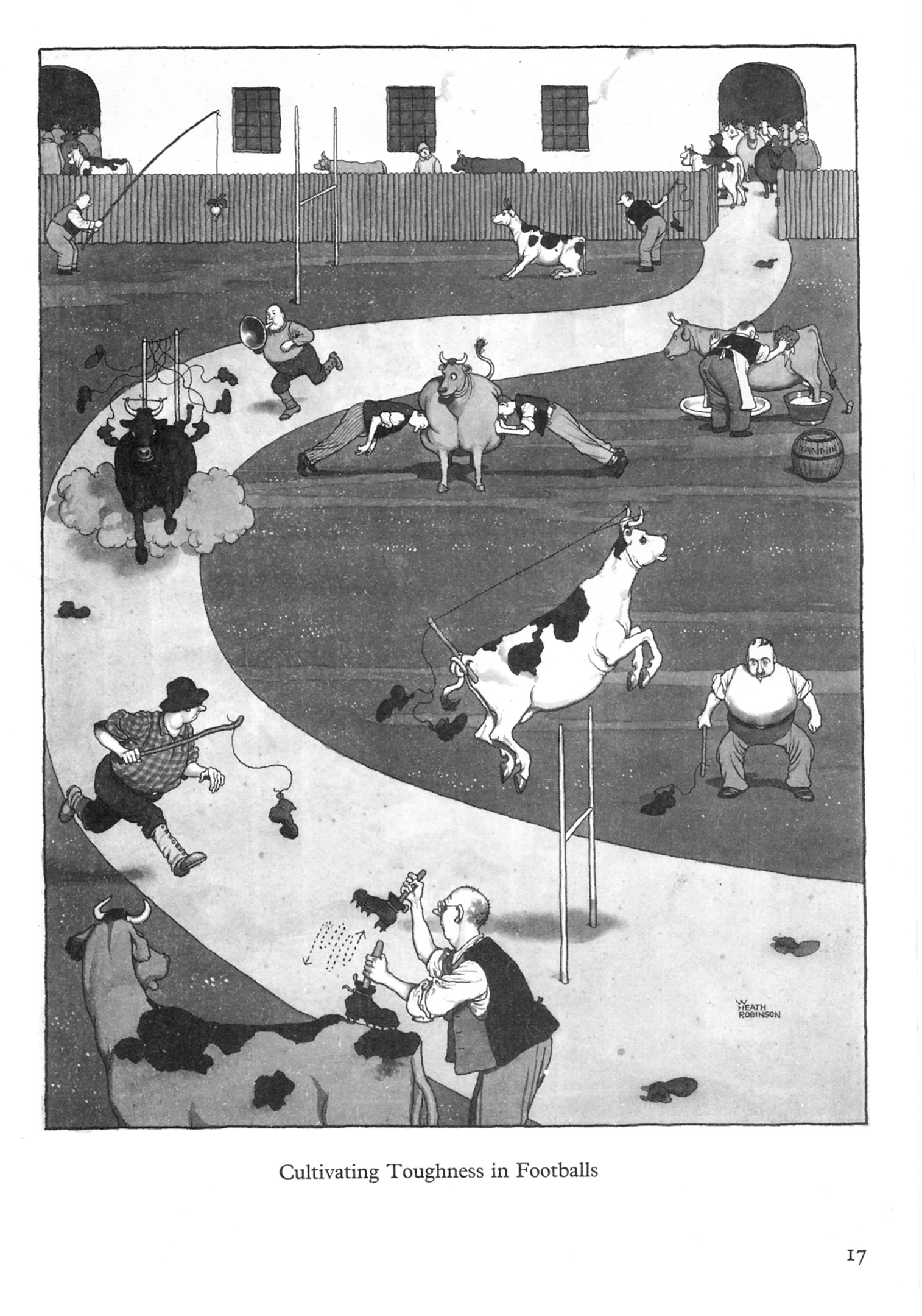 Schwarze und weiße Illustration von Menschen und Tieren in einer Wiese mit einer Wand und Fenstern im Hintergrund, betitelt "Zähigkeit im Fußball kultivieren" unten.