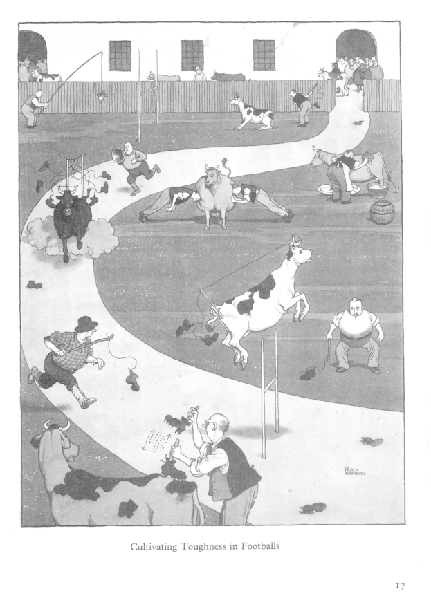 Schwarze und weiße Illustration von Menschen und Tieren in einer Wiese mit einer Wand und Fenstern im Hintergrund, betitelt "Zähigkeit im Fußball kultivieren" unten.