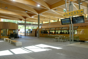 Ein belebter Bahnhof mit einem Zug auf den Schienen, umgeben von Bänken, Tischen, Pfosten, Schildern, Laternen und Bäumen, mit Menschen, die auf den Zug warten.