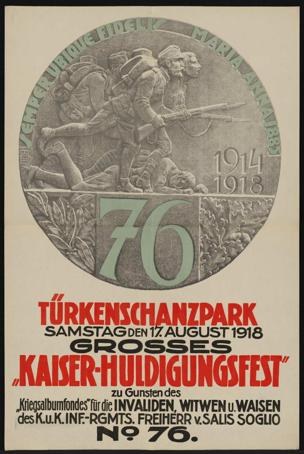 Ein gerahmtes Plakat zum 70. Jahrestag des Kaiser-Huldigungsfests in Berlin, Deutschland, das eine Gruppe von Menschen in der Mitte zeigt, umgeben von Text und Zahlen.