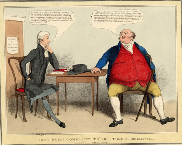 John Bull und ein Schulmeister sitzen an einem Tisch mit einem Hut und Papieren, mit einer Tür und einer Ankündigung an der Wand im Hintergrund.