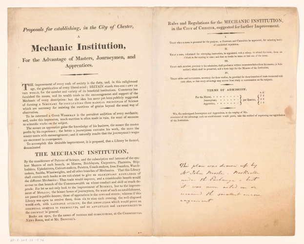 Offenes Buch mit dem Titel "Mechanische Anstalt, zum Vortheil der Meister, Gesellen und Lehrlinge", wahrscheinlich ein Vorschlag für die Gründung einer mechanischen Anstalt.