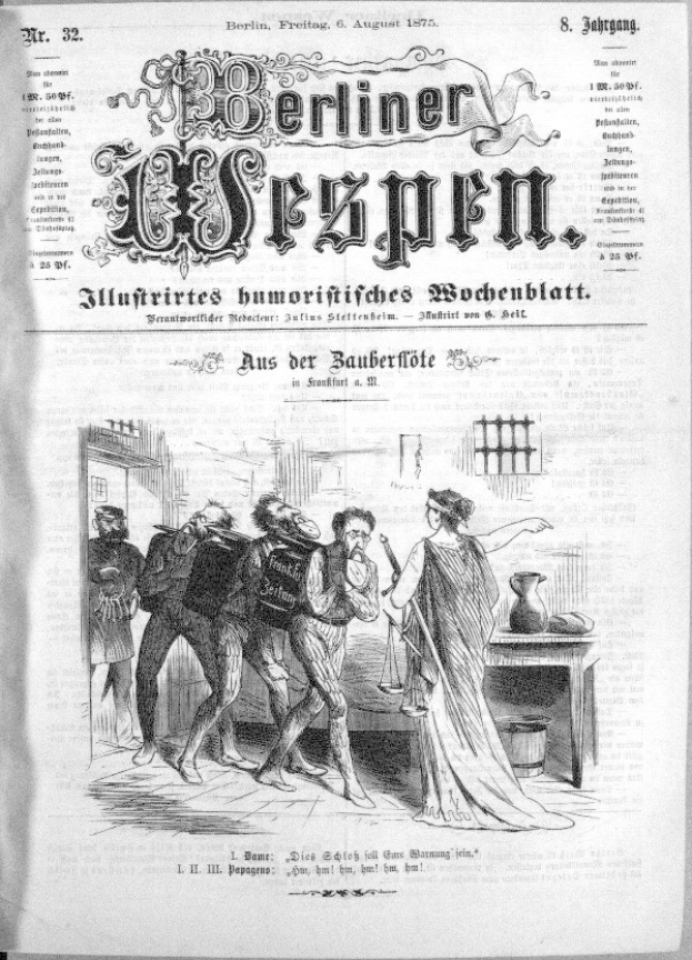 Altes schwarz-weißes Zeitungsfoto "Berliner Wespen, 6. August 1875" mit einer Gruppe von Menschen in Not, einige schauen ängstlich nach oben, andere verwirrt nach unten.