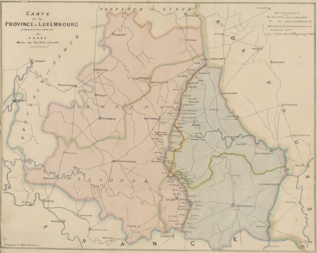 Detailiertes altes Kartenbild der Provinzen Luxemburgs mit beschrifteten Grenzen, Städten und geografischen Merkmalen.