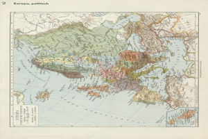 Eine Karte von Europa aus dem 19. Jahrhundert, die politische Grenzen zeigt und auf Papier gedruckt ist.