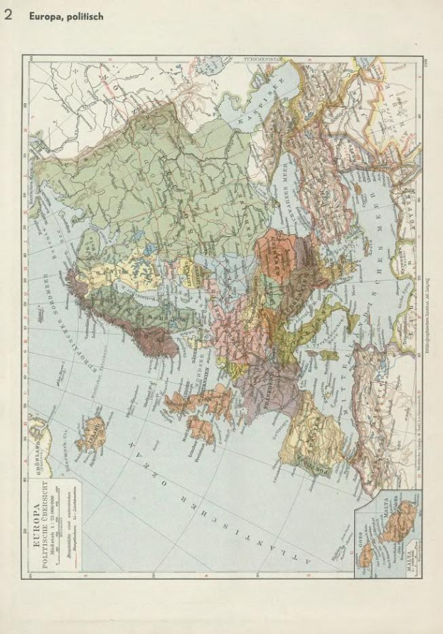 Eine Karte von Europa aus dem 19. Jahrhundert, die politische Grenzen zeigt und auf Papier gedruckt ist.